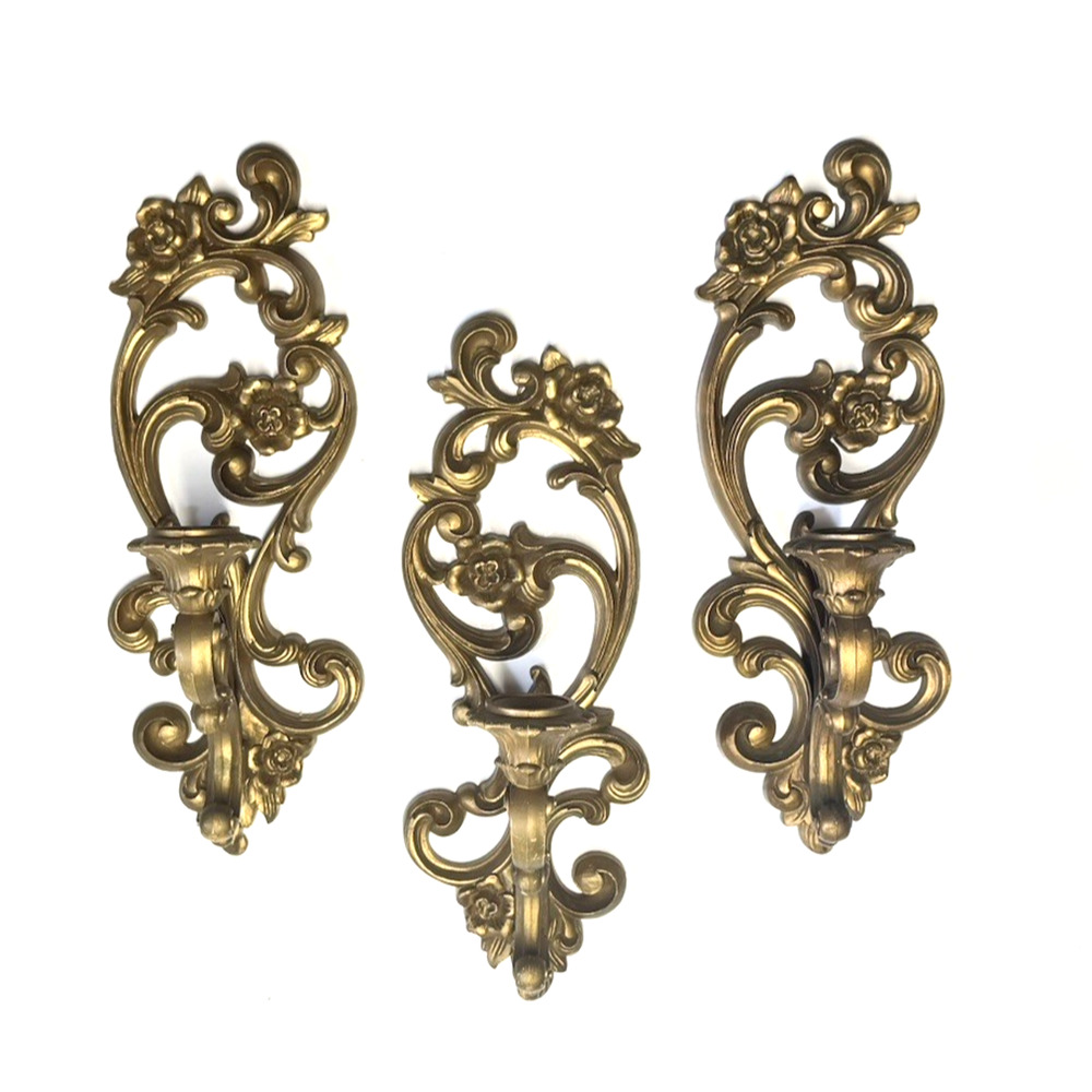 Set of 3 Homeco 1971 Resin Gold Candelabras Wall Decor Floral Scroll Vintage